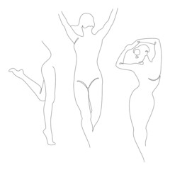 Lady collection. Silhouettes of a girl in a modern one line style. Continuous line drawing, aesthetic outline for home decor, posters, wall art, stickers, logo. Vector illustration set.
