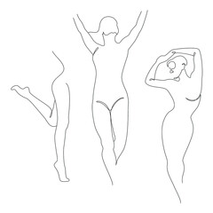 Lady collection. Silhouettes of a girl in a modern one line style. Continuous line drawing, aesthetic outline for home decor, posters, wall art, stickers, logo. Vector illustration set.