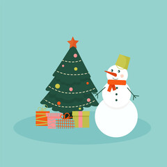 Illustration of a snowman with a bucket on his head and a red scarf at a Christmas tree decorated with garlands of balloons. Gifts under the Christmas tree .