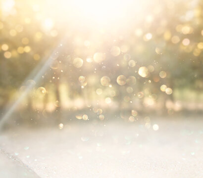 blurred abstract photo of light burst among trees and glitter golden bokeh lights