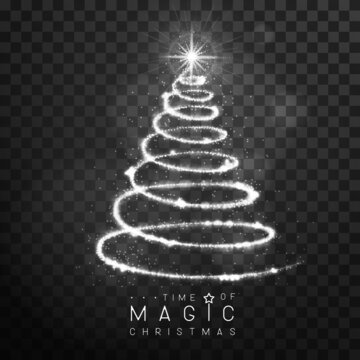 Magic silver Christmas tree silhouette. Magic wand with silver glowing shiny trail.  Isolated on black transparent background. Vector illustration