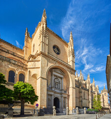 Fototapeta premium The gate of San Frutos, located on the north facade of the Segovia Cathedral, a catholic temple devoted to the Assumption of the Virgin Mary and San Frutos. View from Plaza Mayor square. Spain. 