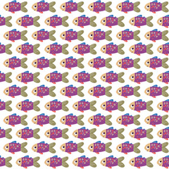 Seamless vector pattern with purple fishes. Minimalistic illustration for design, packaging, textiles