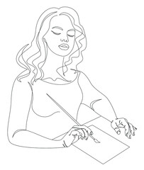 Silhouettes of a lady, she paints with a brush on paper in a modern one-line style. Solid line, aesthetic outline for home decor, posters, stickers, logo. Vector illustration.