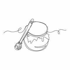 Continuous one single line drawing of honey pot and dipper spoon in silhouette on a white background. Linear stylized.