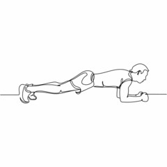 Continuous one single line drawing of man doing plank sport concept in silhouette on a white background. Linear stylized.