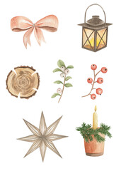 Watercolor Christmas illustration lantern, berries, bow, star. Card.
For decoration and textiles.