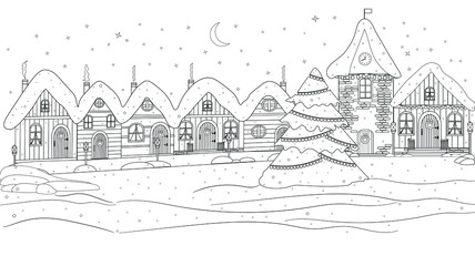 Coloring book. A fabulous, magical city on the night before Christmas, New Year. Snow-covered houses, a clock tower on winter street, squares. Urban winter landscape