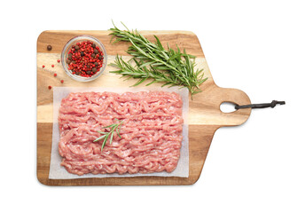 Raw chicken minced meat with spices and rosemary on white background, top view