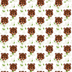 Seamless pattern with cartoon brown bears on a white background. Vector cute animal illustration in minimalistic flat style. Children's print for textiles, print design, postcards.