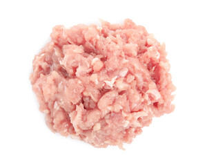 Pile of raw chicken minced meat on white background, top view