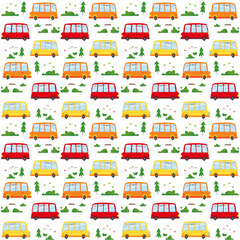 Fototapeta na wymiar Seamless pattern with cute school buses on a white background. Vector illustration of cars in minimalistic flat style. Auto printing on textiles, print design, postcards.