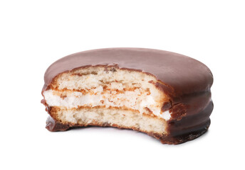 Delicious choco pie with bite mark isolated on white