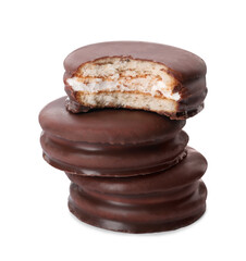 Delicious choco pies on white background. Classic snack cakes