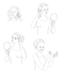 Collection. Silhouettes of a lady. The girl does mauiyage, paints lips, eyelashes, cheeks, earrings in a modern solid line style. Sketches, posters, stickers, logo. Set of vector illustrations.