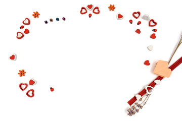 Happy Valentine day. United in Celebration of love. Spring of love. Red and white heart, black square beads with letters and lavender