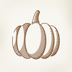 Pumpkin or Squash Digital Engraving Style Illustration or Icon as Thanksgiving or Turkey Day Greetings Template - Brown on Yellow Background - Hand Drawn Design
