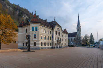 Government House of Liechtenstein (Regierungsgebaude) and St Florin Cathedral - Vaduz, Liechtenstein