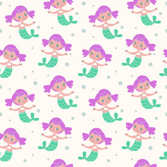 Cute little mermaids with pink hair. Seamless pattern with girls on a white background. Vector illustration in minimalistic flat style. Children s print for textiles.