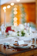 Festive table. Banquet table with wedding and festive serving. Wedding, birthday, party, event concept.