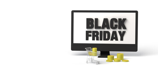 Black Friday banner with computer, coins and shopping cart. 3D illustration. Copy space.