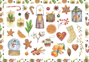A set of watercolor elements based on the New Year and Christmas. Hand drawn detailed illustrations of important holiday symbols create a joyful mood. 
