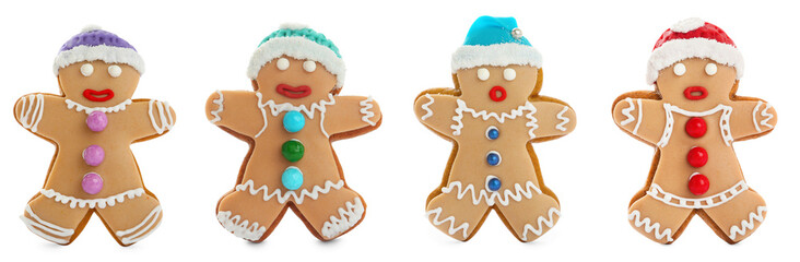Set with decorated gingerbread men on white background, banner design. Delicious Christmas cookies