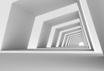 White empty interior. Gallery. Futuristic empty long light Sci-Fi tunnel. Template for design. Modern architectural presentation concept. 3D render. Shadow. Light. Wall. Floor. Perspective.