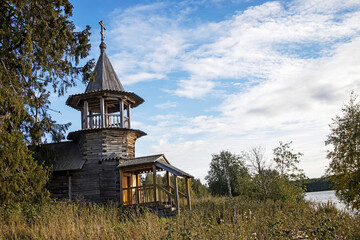 Medvezhyegorsk district, Zaonezhie, Russia - October 12, 2021, Chapel of Cosmas and Damian in the abandoned village Uzkie, 18th century. Wooden architecture