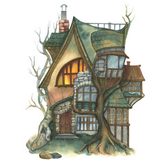 An old mysterious house in the forest from a fairy tales. Watercolor detailed illustration for postcards and posters.