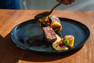 grilled steak with mashed potatoes