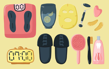 Big Set illustration morning routine. Weight tracking, drinking water with lemon in the morning, good habits for every day, oral hygiene, comb and slippers. Fabric mask and tools for massage at home.