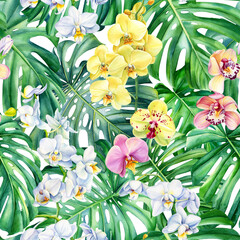 Fototapeta premium Watercolor Tropical orchid flowers and monstera leaves, Exotic seamless pattern. Hand painted illustration. 