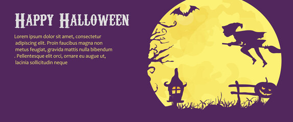 Halloween, baner z czarownicą lecącą na miotle z widocznym nocnym niebem  i księzyce, puste miejsce na tekst - obrazy, fototapety, plakaty