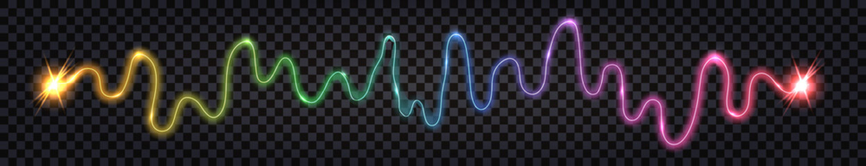 Electric wave swirl , impulse wire. Spectrum color light effect, lightning thunder bolt, power energy electricity cable. Isolated on dark background. Vector illustration