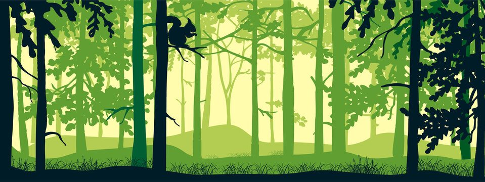 Horizontal banner of forest background, silhouettes of trees, owl on branch. Magical misty landscape, fog. Green and yellow illustration. Bookmark. 