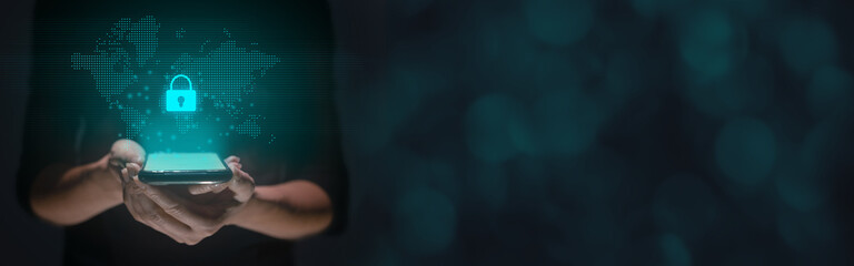 Internet security concept with world map and lock hologram over smartphone with copy space