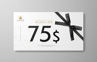Gift voucher with black ribbon and bow. Black Friday discount voucher. Vector flyer - obrazy, fototapety, plakaty