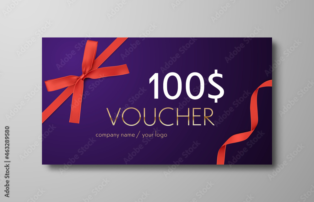 Wall mural gift voucher with red ribbon and bow. discount luxury voucher. vector banner