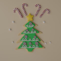 Cookie and sweets in the shape of an chritmas tree. 3D rendering. New Year's baked goods, decoration