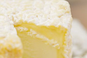 Camembert on counter in store. Basket of soft cheeses. Farmer camembert cheese on market counter. Close-up
