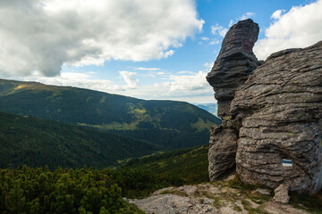 Layered rock formation on top of the mountain, Ukrainian Carpathians
