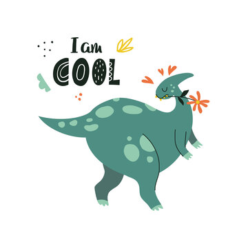 Funny dinosaur poster with cute lettering in hand drawn style. Illustration for t-shirt, apparel, stickers, cards, poster, nursery decoration. Isolated on white background vector illustration
