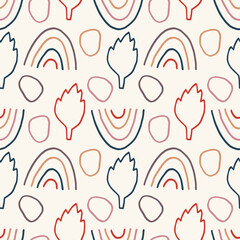 seamless repeating pattern with leaves and rainbows. vector illustration 	