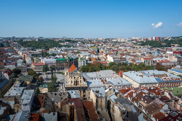 Fototapeta na wymiar Aerial view of Lviv with Jesuit Church - Lviv, Ukraine
