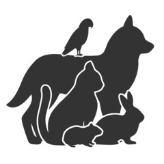 Illustration set of silhouettes of pets: dog, cat, rabbit, hamster and parrot