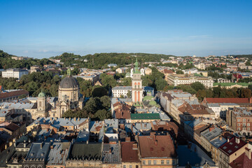 Obraz premium Aerial view of Lviv with Dominican Church and Monastery, Dormition Church and Korniakt Tower - Lviv, Ukraine