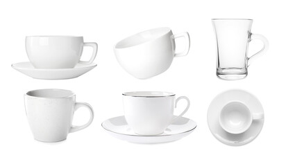 Set with different coffee cups on white background