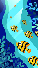 Cartoon underwater ocean world with yellow black fish, plants and seaweed. Marine life landscape vector illustration