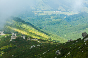 Fototapeta premium A hiking trail which goes along the rocks, Ukrainian Carpathians